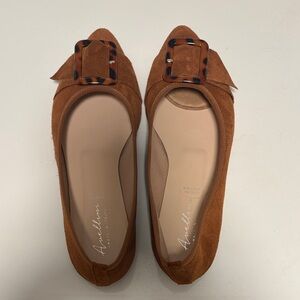 Anellam Pointed Toe Suede Flats with Tortoiseshell Buckle — Chestnut